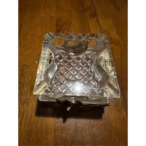 Vintage Mid Century modern MCM Thick Glass with Gold Tone Floral Holder Ashtray - Picture 3 of 12